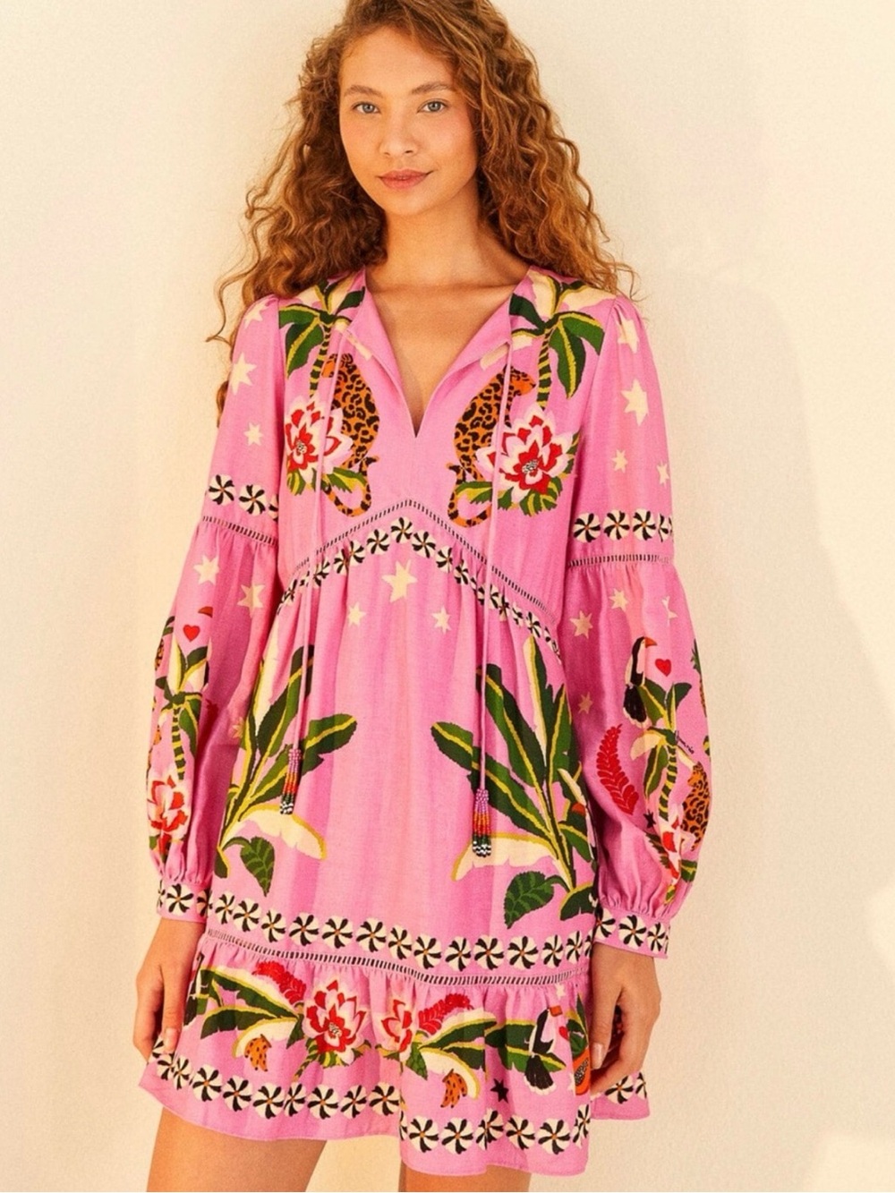 FARM Rio Pink Tropical Floral Balloon-Sleeve Mini Dress